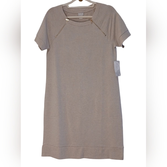 Chico's Zengery- NWT, Tan Shift Dress, Pockets, Working Zipper Accents, Slits, - Picture 8 of 12